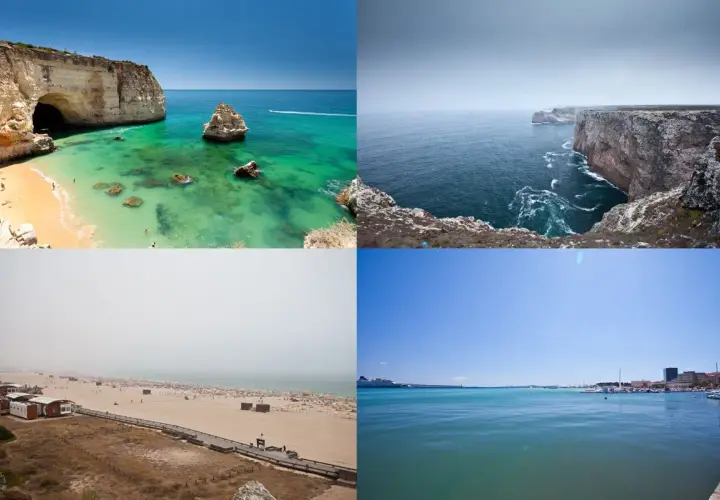 Piękne zdjecia z wakacji: plaża z jaskinią, klify, zatłoczona plaża i port z widokiem na miasto.