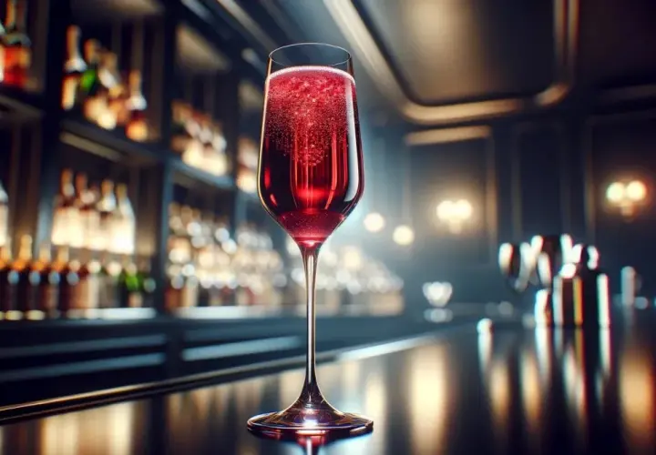 Elegancki kielich z musującym Kir Royale, w tle bar pełen butelek.