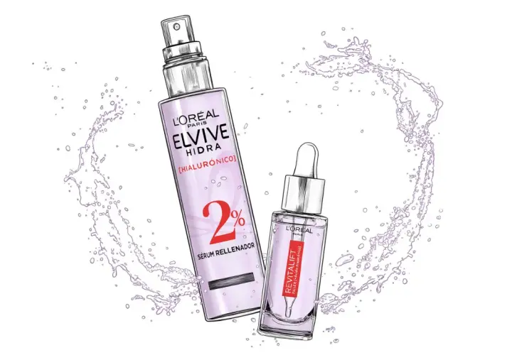 Elvive Hidra Hialurónico sérum como usar: dos productos L'Oréal con ácido hialurónico, uno en spray y otro con cuentagotas, rodeados de salpicaduras de agua.