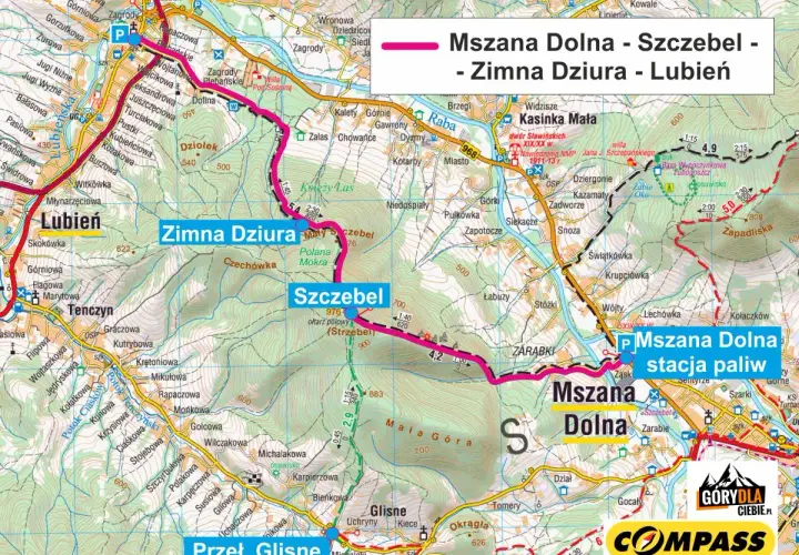 Trasa Mszana Dolna - Szczebel - Zimna Dziura - Lubień. Mapa turystyczna z zaznaczonymi szlakami i miejscowościami.