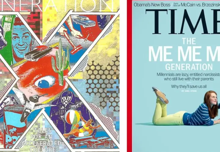 Konstverk och Time Magazine-omslag som utforskar olika generationer och årtal. Ett collage med popkonst och en artikel om "Me Me Generation".