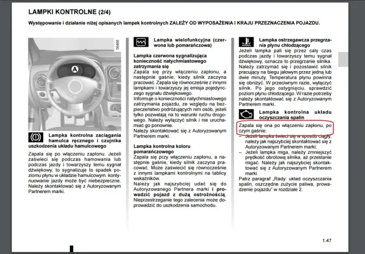 Kontrolka awarii elektroniki silnika Dacia zapala się po włączeniu zapłonu, a następnie gaśnie. Jeśli świeci się ciągle, skontaktuj się z serwisem.