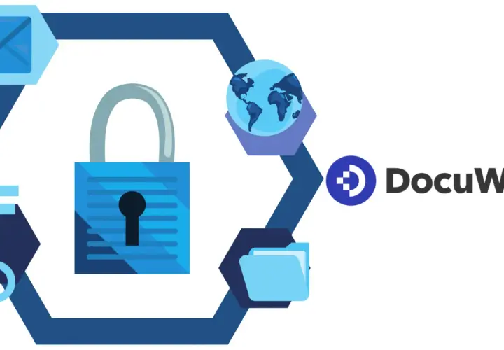 Un coffre fort numérique obligatoire pour sécuriser vos données. Icônes de clé, cadenas, globe, enveloppe et dossier. Logo DocuWare.