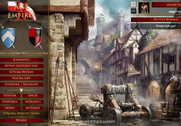 Menu gry Age of Empires DE z polskim spolszczeniem, widok na średniowieczne miasto.