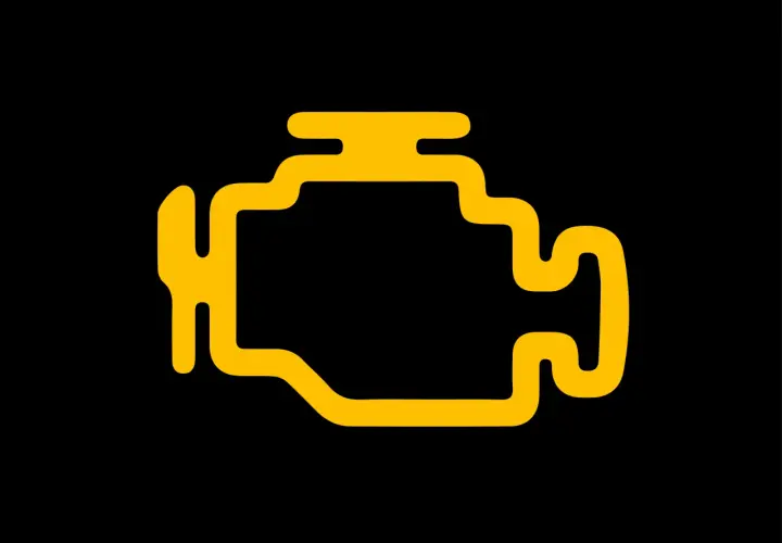 Gul symbol för motorlampan på en bil. En varning som indikerar att något är fel med bilens motor.