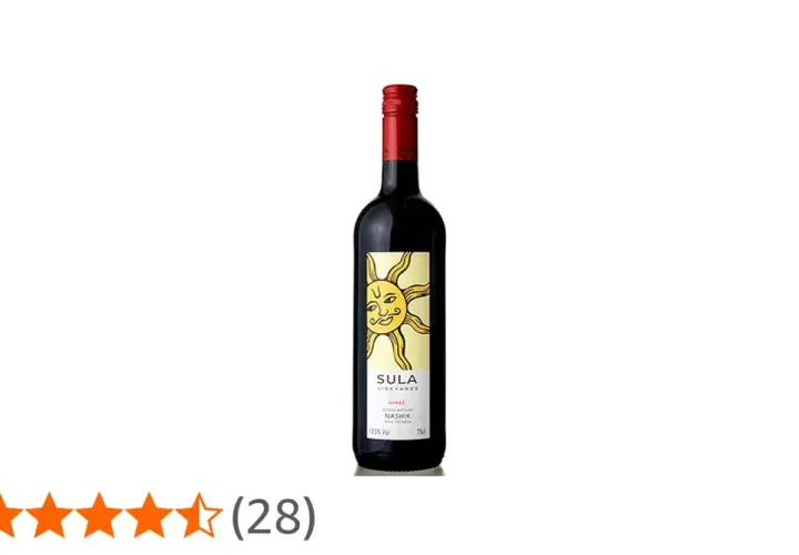 Sula Shiraz, ein **Wein zu indischem Essen**, mit einem sonnigen Etikett und 4,3 Sternen Bewertung.