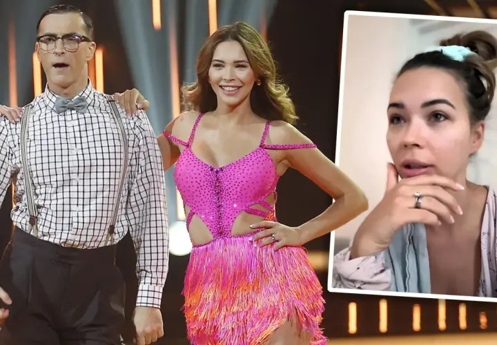 Sandra Kubicka w błyszczącej kreacji na parkiecie "Tańca z Gwiazdami", obok partnera w okularach i szelkach. W rogu ujęcie Sandry w domowym wydaniu.