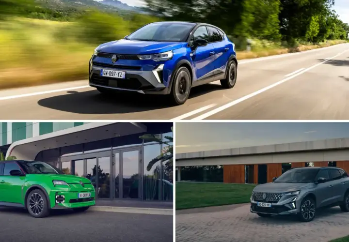 Trzy **Renault modele**: niebieski na drodze, zielony przed budynkiem, szary na podjeździe.
