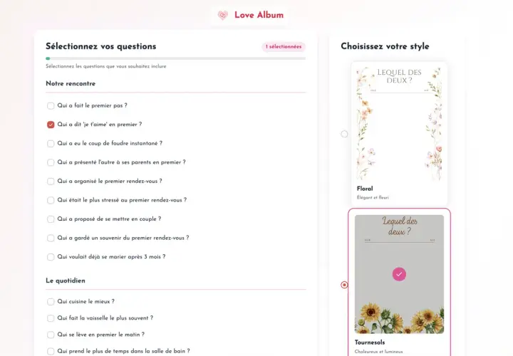 Interface de sélection de questions pour un questionnaire destiné aux futurs mariés, avec des options comme "Qui a dit 'je t'aime' en premier ?" et des styles de design.