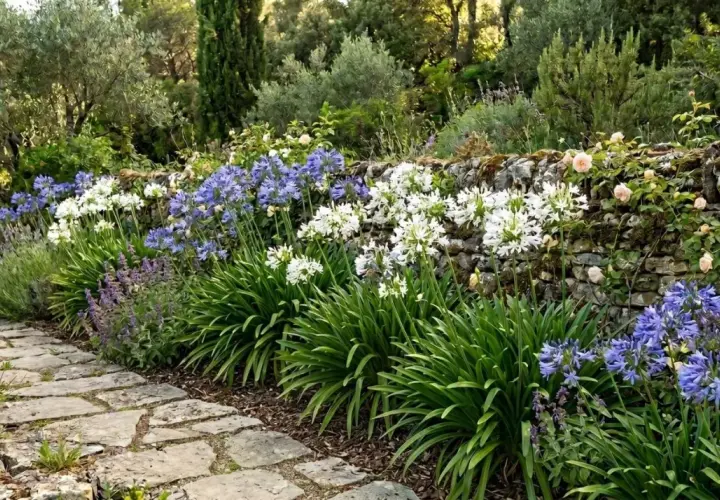Magnifique jardin avec une allée en pierre bordée d'agapanthes en pleine floraison, bleues et blanches, et de roses grimpantes sur un mur de pierres.