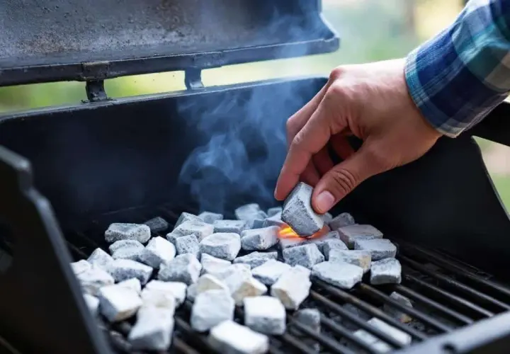 Une main allume des briquettes de charbon dans un barbecue, de la fumée s'échappe. La question est : combien de temps pour allumer un barbecue ?