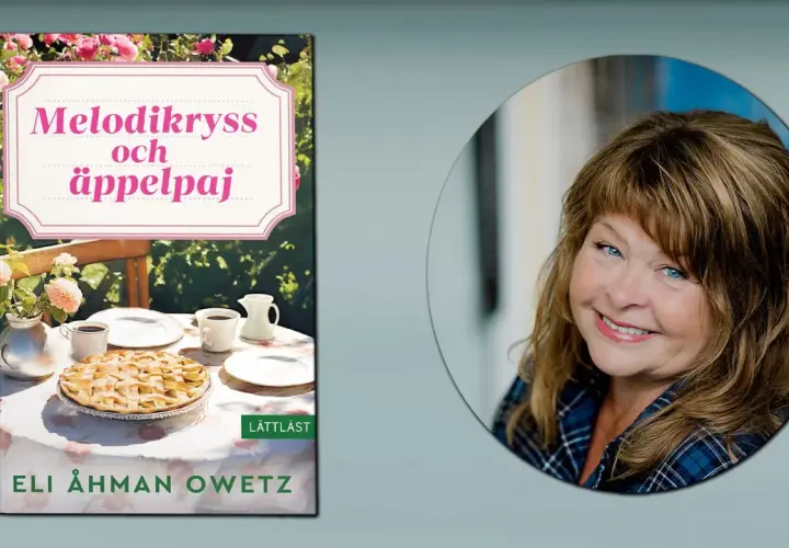 Boken "Melodikryss och äppelpaj" av Eli Åhman Owetz. En kvinna med blå ögon ler.