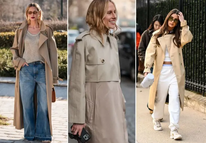 Beżowy trencz stylizacje: luźne jeansy, sportowy komplet i elegancka sukienka. Klasyka w trzech odsłonach.