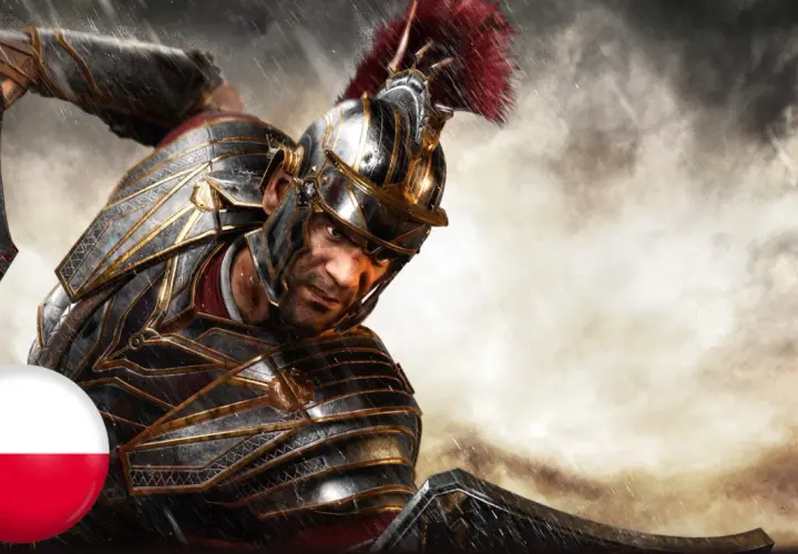 Rzymski legionista z zakrwawionym mieczem, gotowy do walki. Flaga Polski sugeruje polskie spolszczenie gry Ryse: Son of Rome.