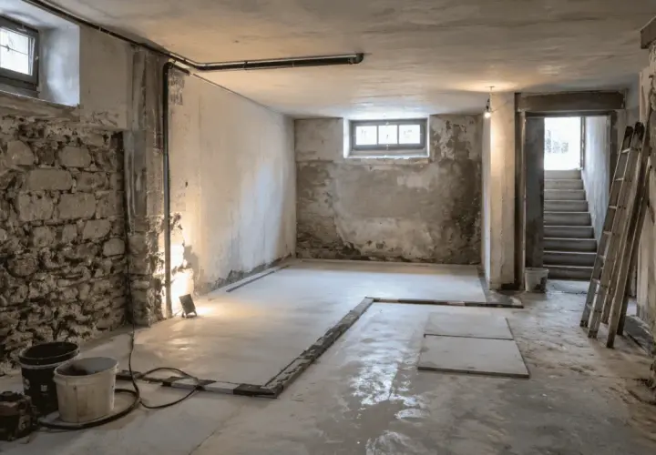 Cantina interrata in fase di isolamento. Muri in pietra grezza, cemento grezzo, finestre piccole, scale e attrezzature per lavori.