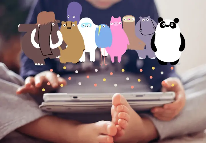 Un bambino gioca con app giochi per bambini 5 anni gratis su un tablet, circondato da simpatici animali disegnati.