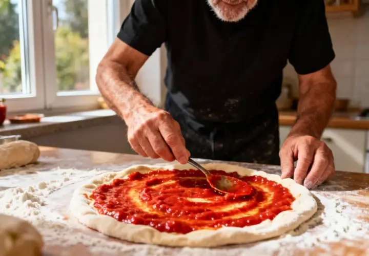Un homme prépare une pizza, étalant un coulis de tomates sur la pâte avec une cuillère. La farine est saupoudrée sur la table.