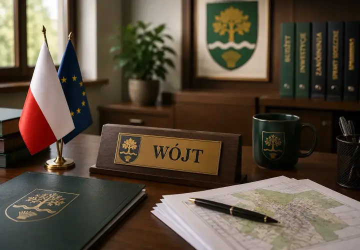 Biurko wójta z flagami Polski i UE, tabliczką "Wójt" i mapą. Zastanawiasz się, ile zarabia wójt?
