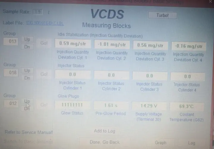 Diagnostyka silnika 1.9 TDI BKC: odczyt VCDS pokazuje odchylenia wtrysku, potencjalne wady.