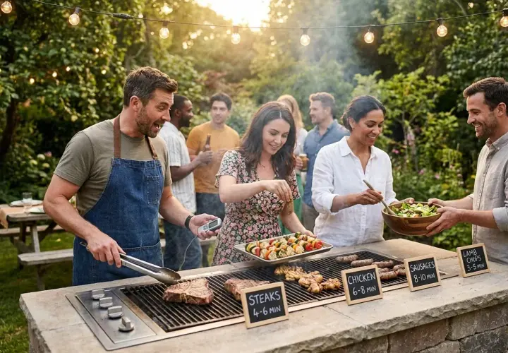 Un groupe d'amis profite d'un barbecue en plein air. Des steaks, du poulet et des brochettes cuisent sur le grill, tandis que d'autres préparent une salade. L'ambiance est festive, avec des guirlandes lumineuses et de la verdure.
