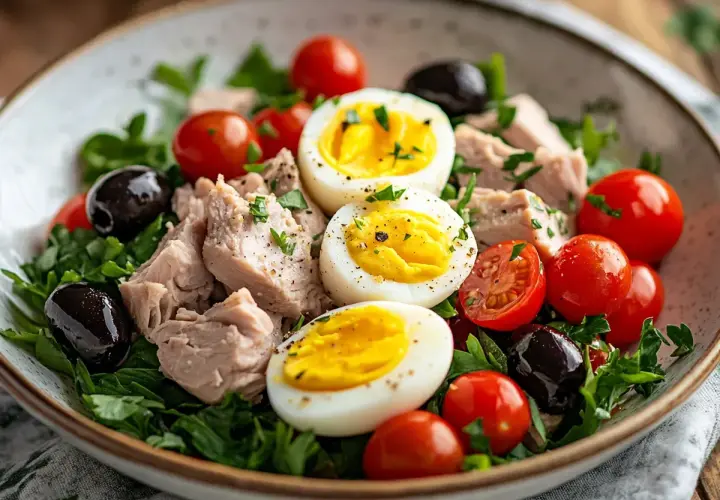 En härlig sallad nicoise med tonfisk, ägg, tomater och svarta oliver på en bädd av gröna blad.