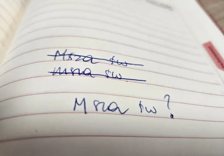 Napisane niebieskim długopisem na kartce w linie: "Msza św.", "Msza św." (przekreślone), "Msza św.?
