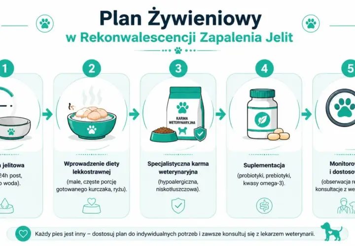 Plan żywieniowy dla psa po zapaleniu jelita grubego: post, dieta lekkostrawna, karma weterynaryjna, suplementacja i monitorowanie.