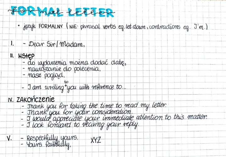 Zapiski o języku formalnym i strukturze listu: nagłówek "FORMAL LETTER", zwroty grzecznościowe, wstęp, zakończenie. Trzecia forma write jest kluczowa.