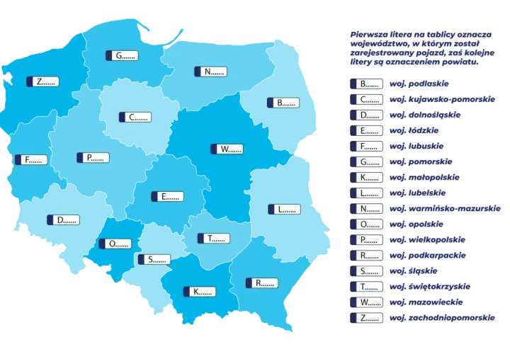 Mapa Polski z literami oznaczającymi województwa i powiaty. Pierwsza litera to województwo, np. Z to zachodniopomorskie.