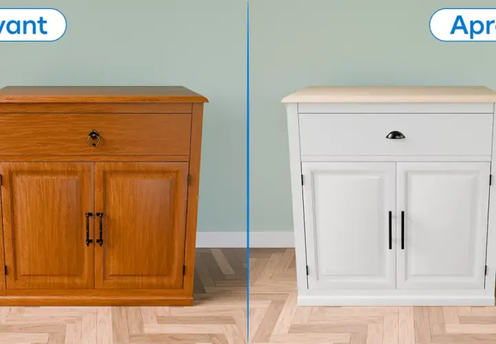 Avant/Après : un meuble en bois vernis transformé en meuble blanc repeint, avec de nouvelles poignées.