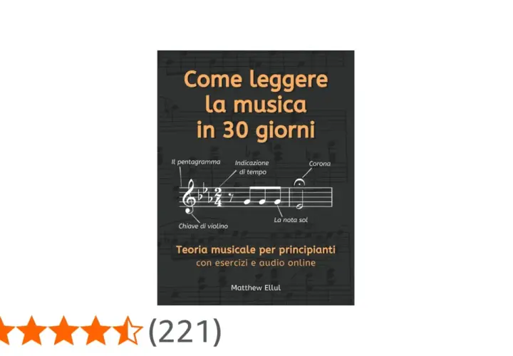 Copertina di libro "Come leggere la musica in 30 giorni" con pentagramma, chiave di violino e altri simboli musicali.