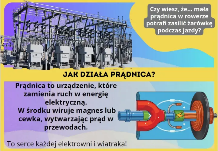 Ilustracja wyjaśnia zasadę działania prądnicy, która wykorzystuje zjawisko indukcji elektromagnetycznej do zamiany ruchu na prąd.