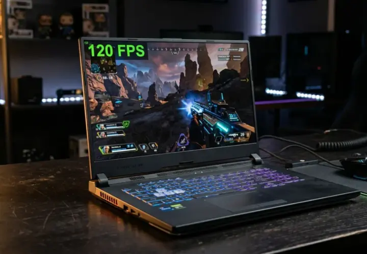 Laptop z grą Apex Legends, pokazujący 120 FPS. Dowiedz się, jak zainstalować Fortnite na laptopa, by cieszyć się płynną rozgrywką.