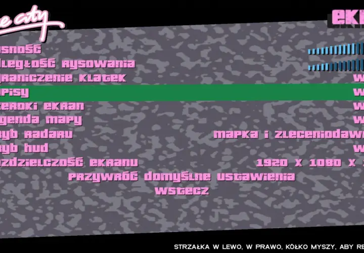Menu ustawień graficznych GTA Vice City. Opcja "napisy" jest podświetlona, co sugeruje, że można tu włączyć spolszczenie.