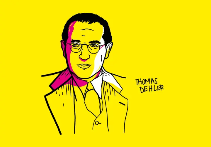 Porträt von Thomas Dehler im Comic-Stil auf gelbem Hintergrund. Der Name "Thomas Dehler" ist rechts daneben geschrieben.