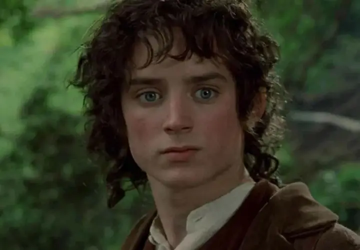 Primo piano di Elijah Wood nei film de Il Signore degli Anelli, con occhi azzurri penetranti e capelli castani mossi.