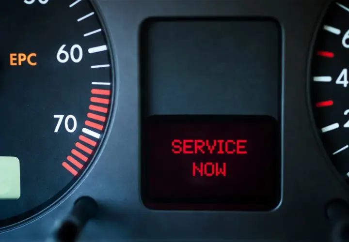 Luz EPC encendida en el salpicadero de un coche, junto a un mensaje rojo que dice "SERVICE NOW".