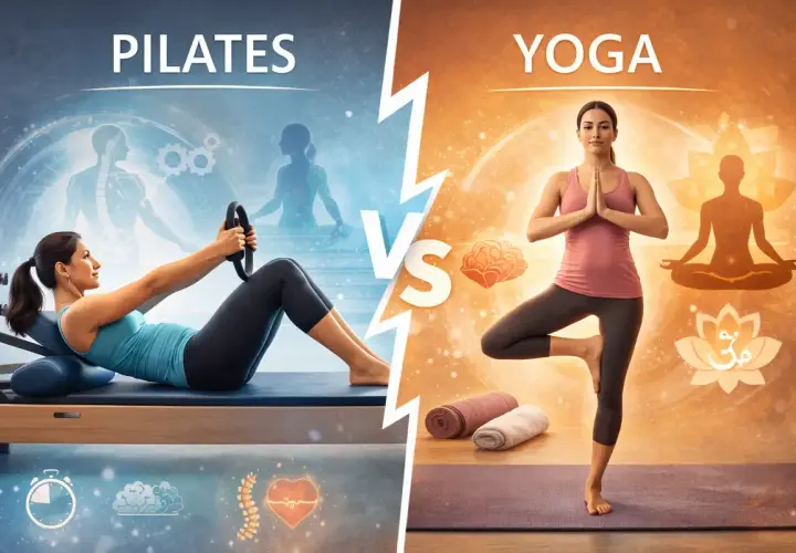 Comparación visual de la diferencia entre yoga y pilates: una mujer en equipo de pilates y otra en postura de árbol de yoga.