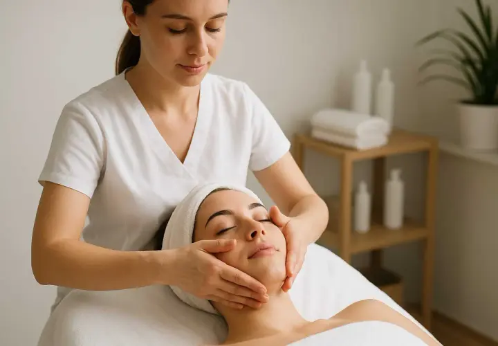 Relaksacyjny masaż twarzy, który może być częścią rytuału kobido. Terapeuta delikatnie masuje skórę, poprawiając jej wygląd i samopoczucie.