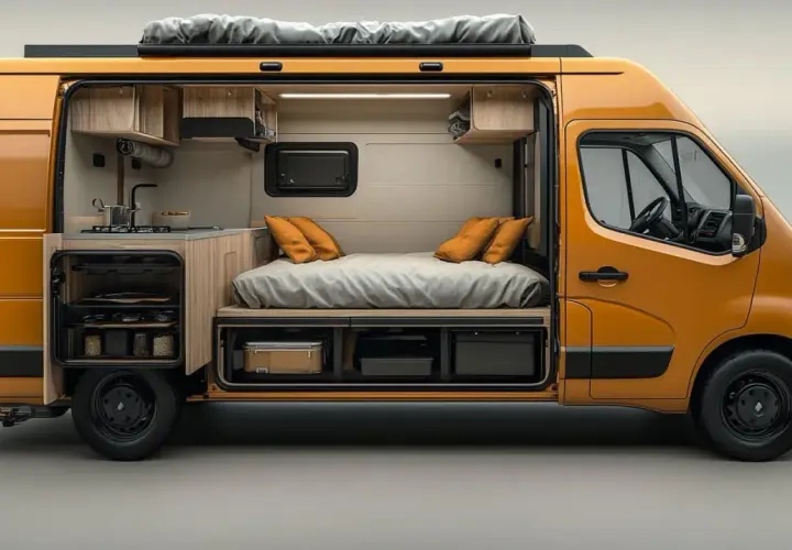 Aménagement intérieur d'un Renault Master L2H2 : lit confortable, cuisine fonctionnelle et rangements optimisés pour vos aventures.