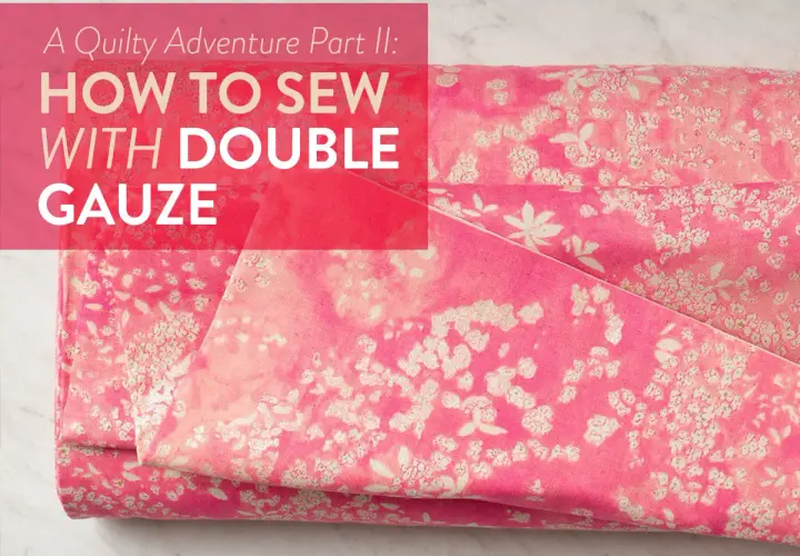 A pink floral double gaze de coton fabric is folded, with text overlaying the image.