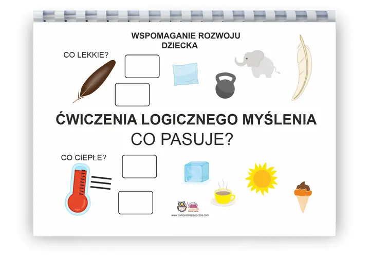 Karty pracy dla 2 latka: ćwiczenia logicznego myślenia. Obrazki piórka, słonia, termometru, słońca i innych do dopasowania.