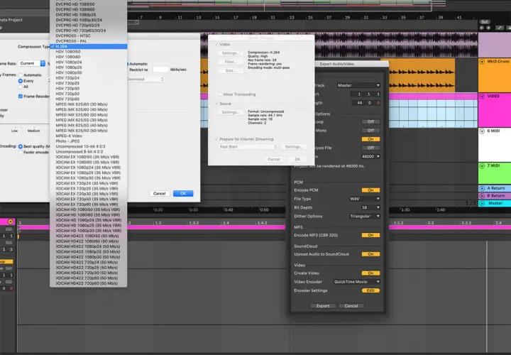 Exportation vidéo dans Ableton Live, avec options de compression H.264. Idéal pour ceux qui cherchent à exporter leur projet gratuitement.