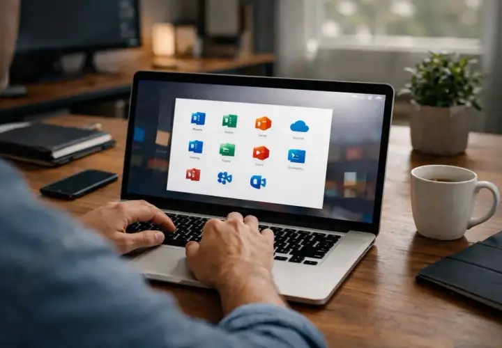 Un homme utilise un ordinateur portable affichant la grille d'applications Office 365, incluant Word, Excel et OneDrive.
