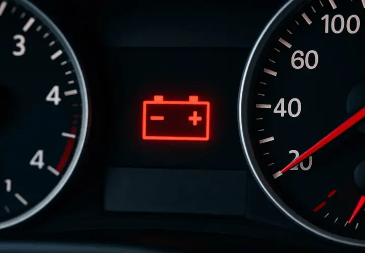 Cruscotto auto con spia batteria scarica accesa in rosso, accanto a indicatori di velocità e giri.