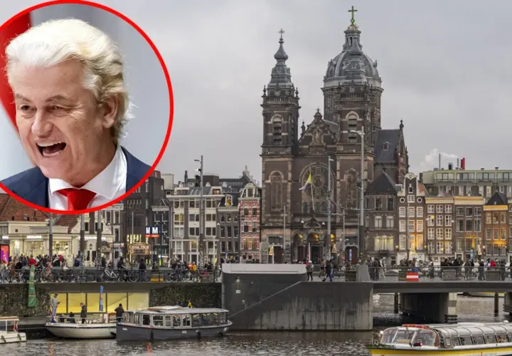 Geert Wilders na tle Amsterdamu, gdzie holandia ludność cieszy się spacerem po kanałach.