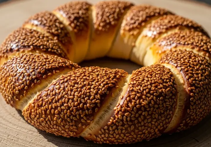 En gyllene, sesamfröbeströdd simit, perfekt för ditt simit recept.