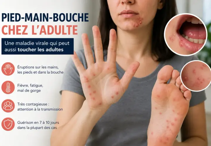 Adulte atteint du pied-main-bouche : éruptions sur mains, pieds et bouche, fièvre, fatigue. Maladie virale contagieuse.