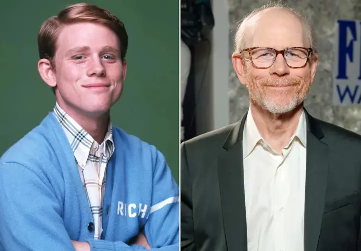 Ron Howard som ung skådespelare i blå kofta och som äldre man med glasögon.