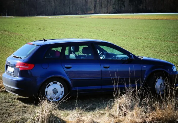 Niebieski Audi A3 8P Sportback zaparkowany na trawiastym polu, z lasem w tle.